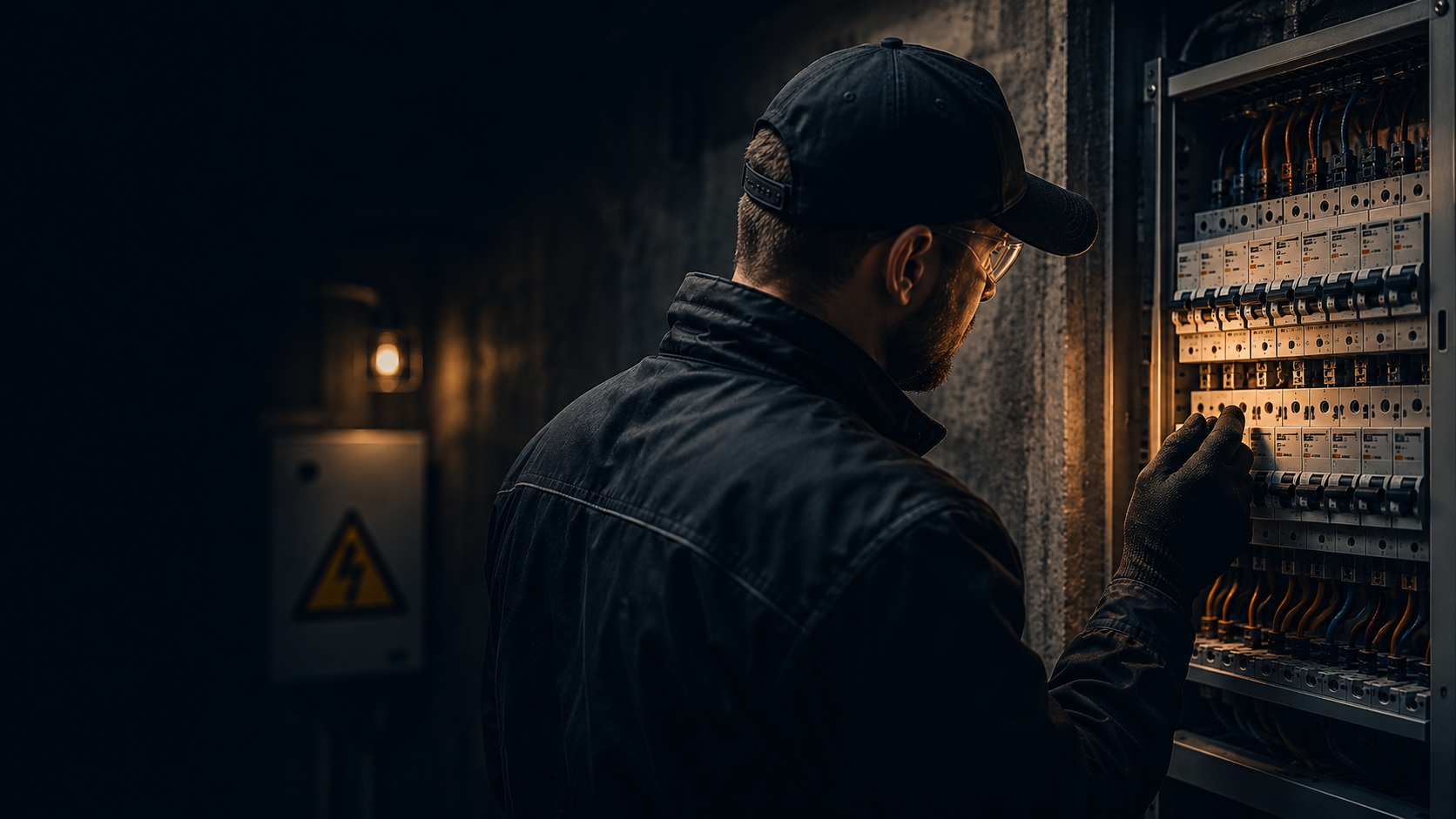 Elektryk kontrolujący rozdzielnicę elektryczną
